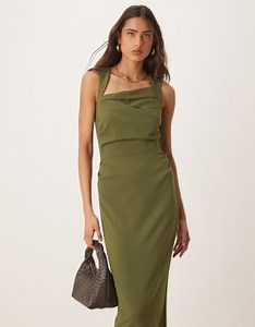 ASOS DESIGN square neck midi dress in khaki | ASOS
