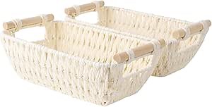 StorageWorks Round Paper Rope Woven Basket with Wooden Handles for Gifts, Small Wicker Baskets for Shelf, Beige, 2-Pack
