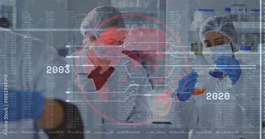 Lab techs swapping flasks adjusting microscope with globe appearing and cycling years for insight