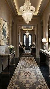 Timeless Elegance: Dark Paneled Hallway with Crystal Chandeliers