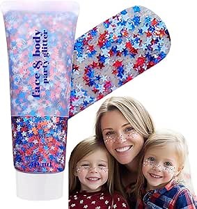 Go Ho 4th of July Outfits for Women,Star Face Hair Glitter,Patriotic Red White and Blue Face Body Glitter,Fourth of July Accessories,Holographic Chunky Glitters Freckles Star for Independence Day