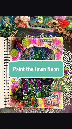 JOURNAL ASMR… I love Bright Colors!! This is my #gothicghourls challenge to make a #neon spread but make it goth!! I hope ya had as much fun watching as I did makin this one!! Thank u all for your support! I’m hoping your Friday has been good! 😊 Roses from @kosblingboutique Cool graffiti words from @Viktashop Neon images from the web! 😉 There’s so many great versions of this spread ! Check out @scrapspells she has all of them tagged in our group!! 😉🥰#journalideas #asmr #gothic