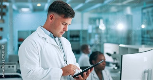 Man, scientist and typing with tablet for lab results or report as healthcare worker. Female person, digital app and website for information or treatment guidelines, database or online schedule