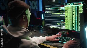 A masked hacker breaks into a database on a computer, hacking in a dark room