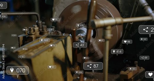 Operator using lathe, tool cutting, chips flying, social icons growing over operator for production