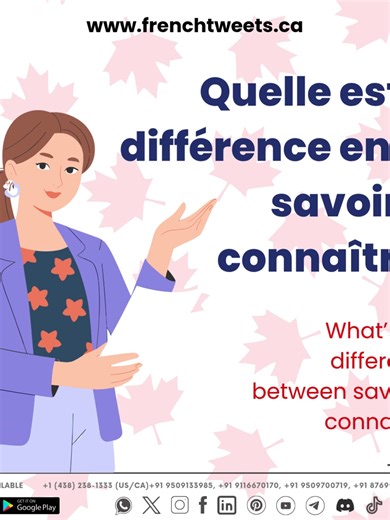 Confused between savoir & connaître? 🤯🇫🇷 You’re not alone but mastering this tiny difference can instantly level up your French! ✅ Sign up on our website for a FREE language learning consultation: Register Here: https://frenchtweets.ca/learners-registration.aspx ✅ Get in touch via DM, call, or WhatsApp: 1 (438) 238-1333 (US/CA), 91 9116670170, 91 9509700719, 91 9509133985, ‪ 91 8769580170 (INDIA) ✅ Email us at: info@frenchtweets.ca [french, learn french, learn french online, french classes ne