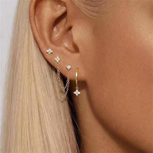 Gold Plated Cubic Zirconia Stacked Earrings, Minimalist Stud Hoop Dangle Set - Etsy