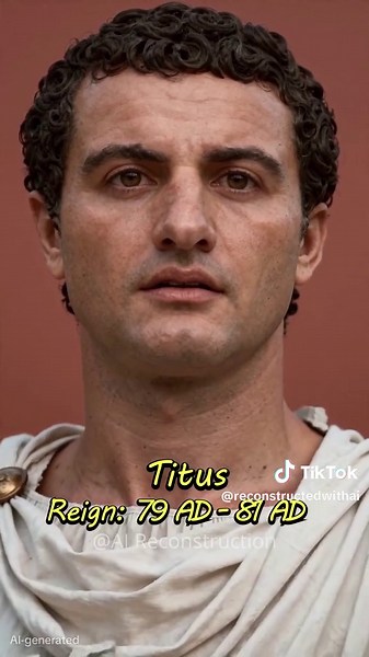 Reconstruction Of Roman Emperors Using AI (Part 4) #rome #RomanEmpire #Reconstruction #AI #historytok Titus Flavius Vespasianus was Roman emperor from 79 to 81 AD. A member of the Flavian dynasty, Titus succeeded his father Vespasian upon his death, becoming the first Roman emperor ever to succeed his biological father. Before becoming emperor, Titus gained renown as a military commander, serving under his father in Judaea during the First Jewish–Roman War. As emperor, Titus is best known for co
