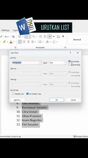 366K views · 3.4K reactions | mengurutkan list di microsoft word #microsoftword #tipsexcel #rumusexcel #belajarkomputer | Aprial Mustilan | Facebook