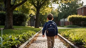 Young boy walking to school with a blue backpack