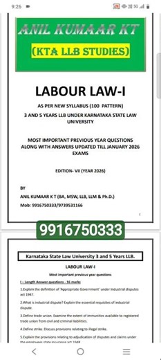 KSLU LLB New Edition notes Labour Law I available contact 9916750333/9739531166
