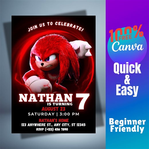 Knuckles Birthday Invitation Card, Canva Template, Sonic Theme Party, Free Editable Digital Download - Etsy