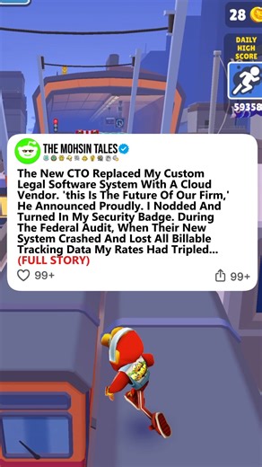 177K views · 2K reactions | The New CTO Replaced My Custom Legal Software System With A Cloud Vendor. 'this Is The Future Of Our Firm,' He Announced Proudly. I Nodded And Turned In My Security Badge. During The Federal Audit, When Their New System Crashed And Lost All Billable Tracking Data My Rates Had Tripled... (Full Story) #redditstories #redditreadings | The Mohsin | Facebook