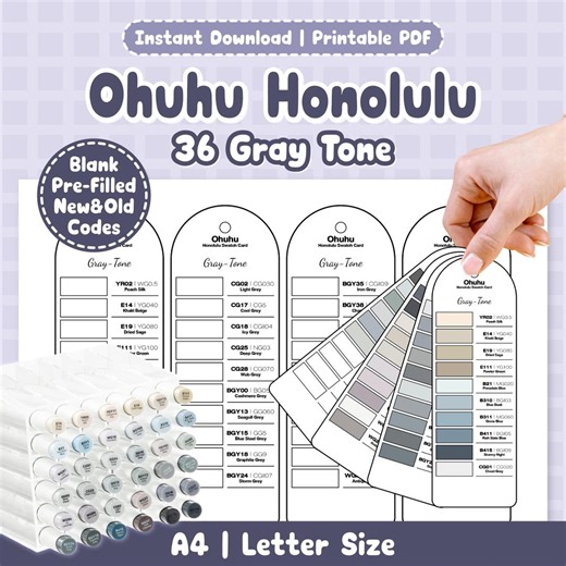 Ohuhu Honolulu 36 Gray Tone Swatch Chart | Alcohol Marker Color Tracker for Artists | Printable PDF A4 Letter | Pre-filled and Blank - Etsy