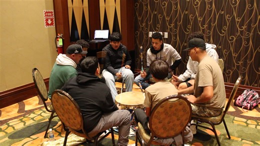 Menominee Nation High School drum group Skud Nation did the welcoming song (shown here) and later traveling song for the latest community drug education forum which took place in the Five Clans Ballroom of Menominee Casino Resort on September 22. | Menominee Nation News