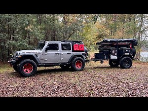 Walkaround custom Smittybuilt Scout overland trailer build. Set up at camp pulled by Jeep Wrangler