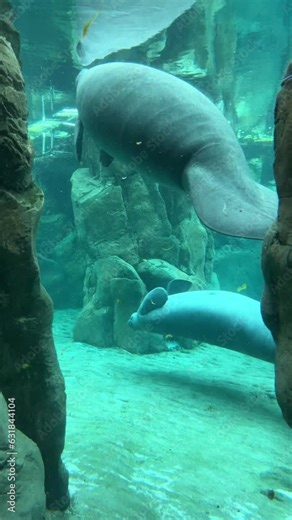 Vertical footage of Dugong animals swimming in the water in an aquarium