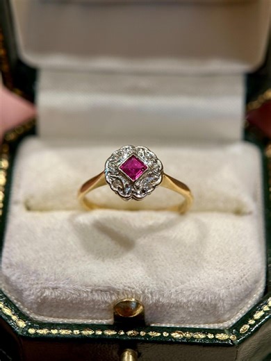 Ruby & Diamond 18ct Gold Cluster Ring | Square Cut Ruby Halo | Romantic Engagement Ring - Etsy