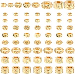 PH PandaHall 80pcs 18K Gold Plated Beads 8 Styles Flat Round Spacer Beads Brass Bead Spacers Column Rondelle Spacer Bead for Bracelet Necklace Beading Jewelry Making DIY Craft