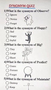 3.1K views · 394 reactions | Vocabulary challenge time ✨ Try this synonym quiz and answer the last two questions. Comment your answers below  #VocabularyQuiz #EnglishReels #LearnEnglishDaily #Synonyms #QuizReels EducationReels WordChallenge | TalkyTok | Facebook