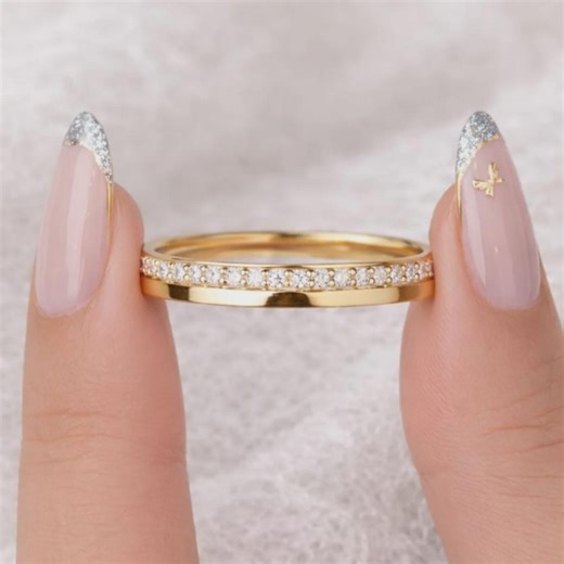 14K Gold Moissanite Half Eternity Ring, Thin Pavé Band, Stackable Wedding Promise Ring - Etsy