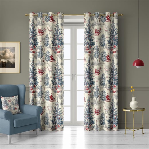 Red and Blue Toile Christmas Curtains, Santa Sleigh Holiday Drapes for Farmhouse Living Room – Country Style Window Panel, Custom Size - Etsy