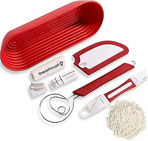 Breadsmart Artisan Bread Making Kit - 5 PC Baking Supplies Set - Lame, Scraper, Whisk, Proofing Basket & Cotton Liner - Red
