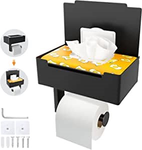 Toilet Paper Holder with Flushable Wipes Dispenser, Stainless Steel Wall Mounted Adhesive Wipe Storage Holder with Shelf for Bathroom Washroom