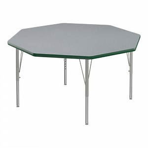Correll Deluxe 48" Octagon Gray Granite 19"-29" Adjustable Height High-Pressure Laminate Top Activity Table with Silver Legs and Green T-Mold
