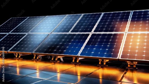 Low angle tracking shot across solar panel array with warm reflections on glossy tiled surface