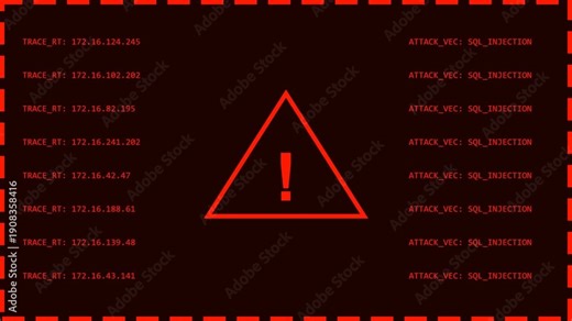 Critical digital cyber security alert on a dark screen, featuring a prominent red warning icon, tracked IP addresses, and 'DDOSATTACK' messages, signaling an urgent network threat