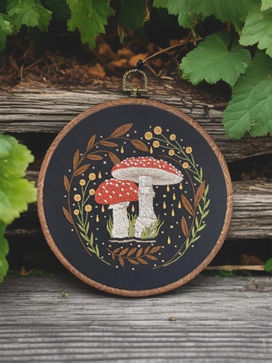 Mushroom Wreath Fly AgaricMoody Finished Embroidery Hoop Wall Hanging, Embroidered Mushroom, Cottagecore Embroidery, Mushroom Embroidery Art