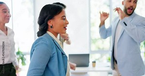 Dance celebration, business team happy dancing of company happy about success and growth. Office group, diversity and smile of worker achievement together to celebrate agency mission goal of staff