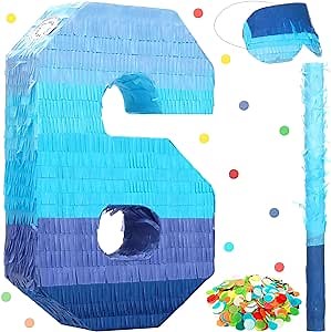 Sratte Number 1 2 3 4 5 6 7 8 9 Piñata with Stick Blindfold Confetti, Gradient Blue Piñata for Kids Boys Girls Birthday Party Anniversary Decorations Supplies(Number 6)