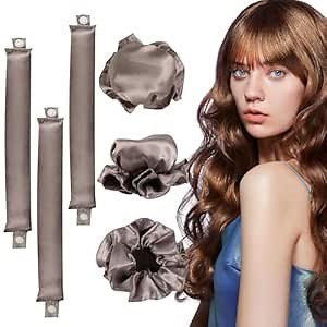 6 Pcs Set Heatless Hair Curler，Satin Heatless Curling Set, Heatless Curls Headband, Overnight Curling Headband, Heatless Curling Set, Creates Beautiful Curls Without Damaging The Hair (Brown)
