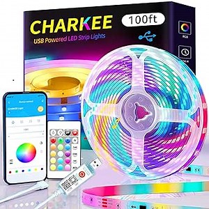 CHARKEE 100ft LED Strip Lights USB-Powered, Color Changing RGB LED Strip Lights for Bedroom/TV Backlight/Gaming Lighting, Music Sync Bluetooth Led Lights IR Remote&App Control