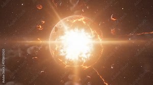 Exploding Planet in Deep Space - A fiery planet explodes with energy beams emanating from its core, surrounded by debris and a dark, starry background.