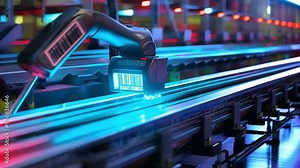 Barcode scanner is reading barcodes from packages moving on an illuminated assembly line in a factory. This technology is essential for modern production, logistics and delivery Stock Video