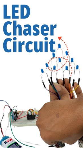 A beginner-friendly LED chaser circuit using 555 Timer IC and CD4017 to demonstrate pulse generation and LED sequencing. For complete tutorial comment “LED” Read more : https://circuitdigest.com/electronic-circuits/led-chaser-circuit-with-555-timer-ic-and-cd4017 #ledchaser #555timeric #electronicscircuit #circuitdigest | Circuit Digest