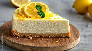 Creamy lemon dessert with graham cracker crust, sweet cheesecake delight garnished with mint.