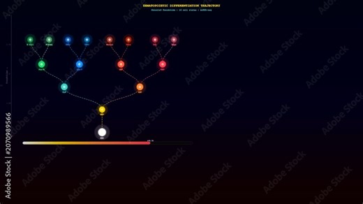 This advanced spatial transcriptomics visualization shows a growing tree of stem cell development across a dark digital interface during a scientific data analysis process.
