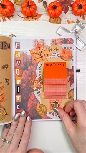 laura t ✿ on Instagram: "my last spread of november, my monthly favorites! 🍂✨ wanted to try a new layout, so made a waterfall paper-craft to flip through my favorites! i’ve made a few of these before for travel photos, but never for something like this! i would recommend stamping or writing on each flap beforehand, because it ended up being very difficult 😂 what were some of your favorite things from this month? I’ve been watching holiday baking shows recently + loving it 🤎 . . . . . #memoryk