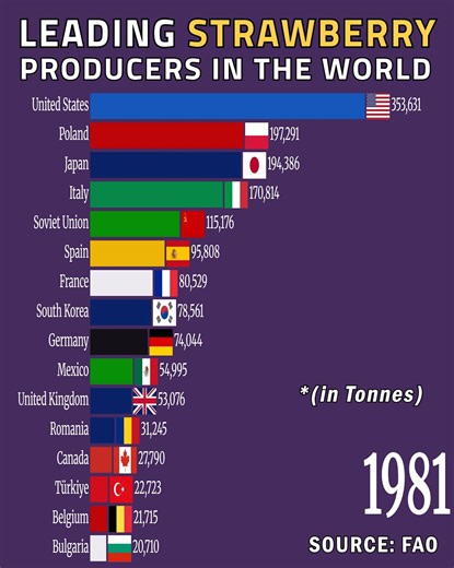 The strawberry production industry is a dynamic sector influenced by various factors. These include technological advancements, consumer trends, and environmental considerations. In 2022, global strawberry production was 9.56 million metric tons. #strawberry #strawberryproduction #usa #japan #poland #italy #germany #uk #france | DataRoyals