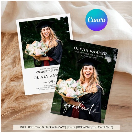 Modern Photo Graduation Invitation Template, Elegant Script Grad Announcement, Mobile Evite & 5x7 Card (editable Canva Template) - Etsy