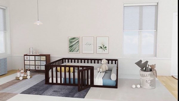 Kids Montessori Floor Bed, Full Size Floor Bed with Fence and Door, Wood Montessori Bed for Kids, Girls, Boys, Walnut Floor Bed Full Size