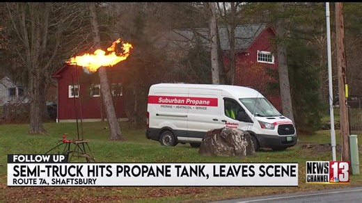 Truck crashes into propane tank, leaves scene
