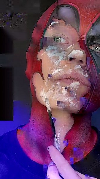 Deadpool cosplay makeup with mutated skin effect