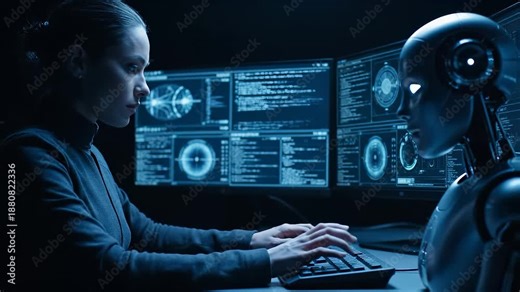 woman and robot at computer with monitor and keyboard. code and ai fill screen. data populate interface. interaction between human and machine captured. system analysis running with log output active.
