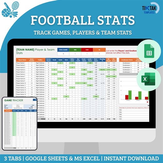 Football Stats Spreadsheet Template, Football Player Stats Tracker Log, Football Team Stats, Football Game Tracker, Excel & Google Sheets - Etsy
