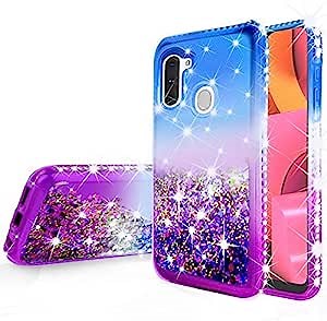 Galaxy A21 Case w/Tempered Glass Screen Protector Liquid Quicksand Glitter Cute Bling Girls Women Shock Proof Phone Cases Compatible for Samsung Galaxy A21 Case - Purple/Blue